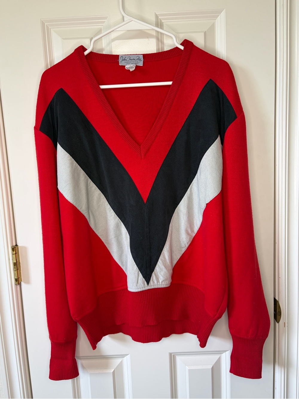 Vintage 80s John Irwin Ltd Red, Black, & Gray V-Neck Chevron Sweater